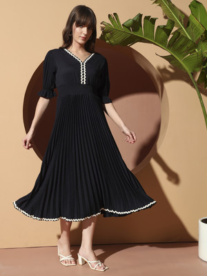 LookShine Women A-line Black Midi/Calf Length Dress