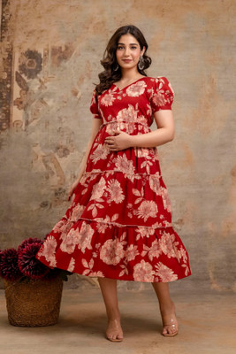Giabella Women Layered Red Below Knee Dress