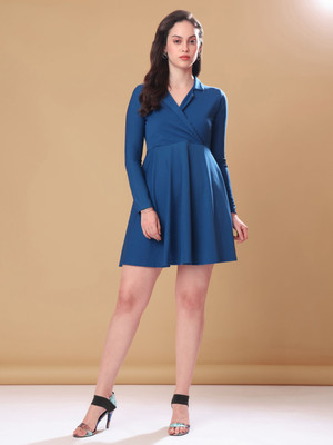 PURVAJA Women Fit and Flare Blue Mini/Short Dress