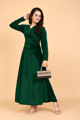 AGOF Women Fit and Flare Green Maxi/Full Length Dress