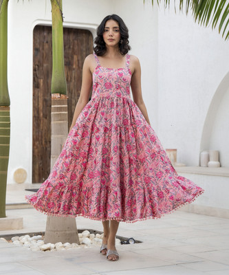 DIVENA Women Fit and Flare Pink Below Knee Dress
