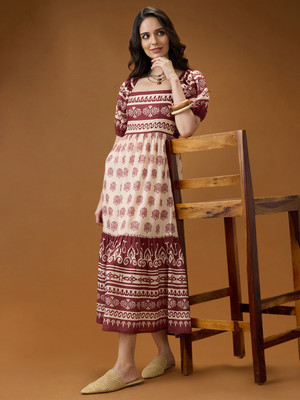 Globus Women Fit and Flare Maroon, Beige Midi/Calf Length Dress