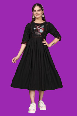 DICHIKA enterprise Women Fit and Flare Black Midi/Calf Length Dress