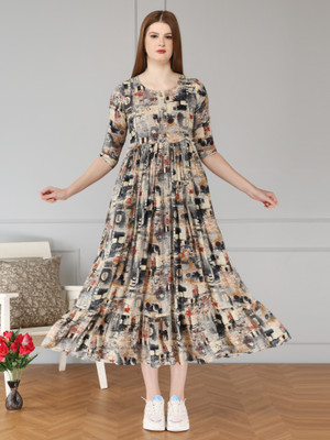 KAKA Women A-line Grey Maxi/Full Length Dress