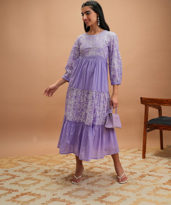 Vishudh Women Maxi Purple, White Full Length Dress