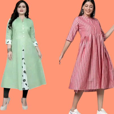 Houseofcommonk Women Printed, Striped Anarkali Kurta(Green, Pink)