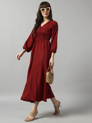 Krunal Raiyani Women Fit and Flare Maroon Maxi/Full Length Dress