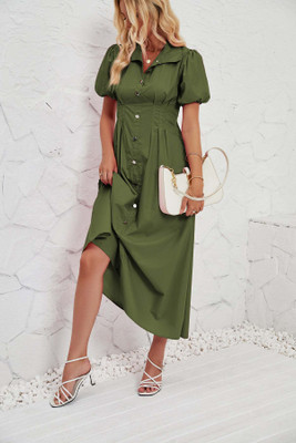 OUTZIDR Women A-line Green Below Knee Dress