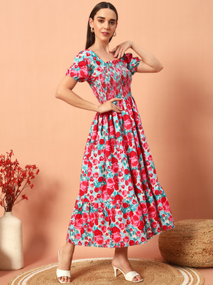 ZWERLON Women A-line Pink Midi/Calf Length Dress