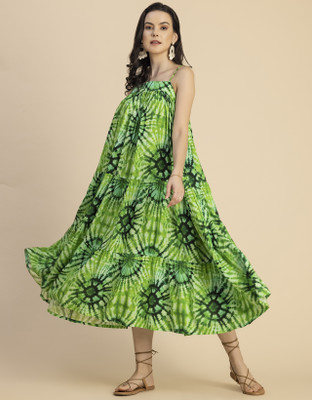 moomaya Women Tiered Green Midi/Calf Length Dress