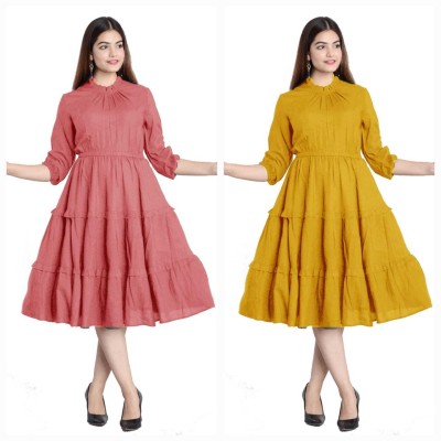 NG Fashion Women Fit and Flare Yellow, Pink Dress