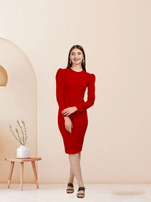 AADESH ENTERPRISE Women Bodycon Red Below Knee Dress