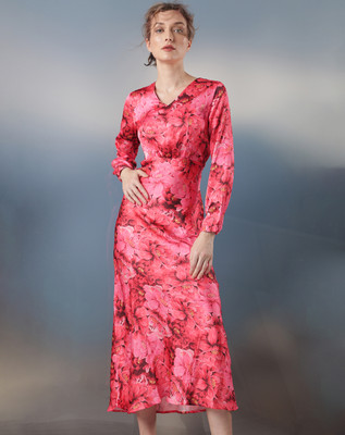 RAREISM Women Fit and Flare Maroon, Pink, Yellow Midi/Calf Length Dress