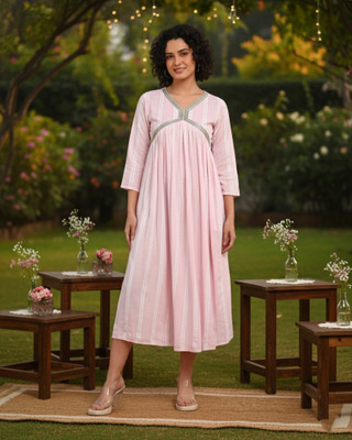 maaesa Women Fit and Flare Pink Midi/Calf Length Dress