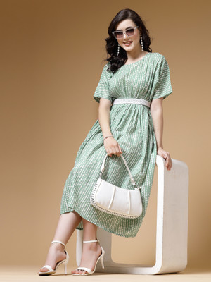 indibelle Women Fit and Flare Green Midi/Calf Length Dress
