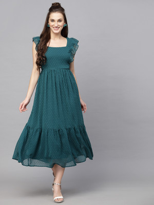 AAYU Women Fit and Flare Green Midi/Calf Length Dress