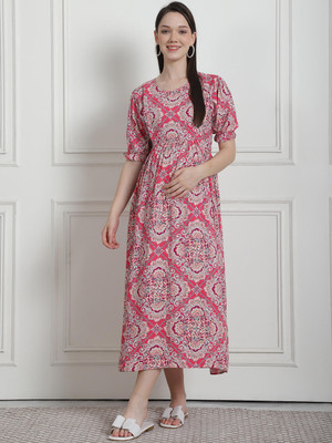 Secret Wish Women Fit and Flare Pink Midi/Calf Length Dress