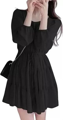 Whitewhale Women Fit and Flare Black Above Knee/Mid Thigh Length Dress