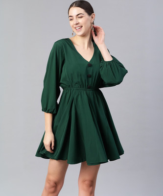 KASSUALLY Women Fit and Flare Dark Green Above Knee/Mid Thigh Length Dress