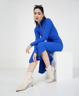 SASSAFRAS Women Bodycon Blue Midi/Calf Length Dress