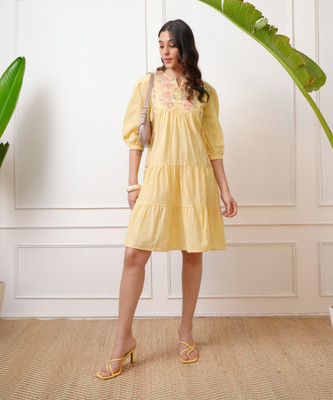 Vishudh Women Fit and Flare Yellow Knee Length Dress