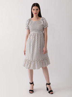 METRONAUT Women Fit and Flare White Knee Length Dress