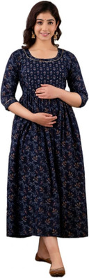 Pakija gold print Women Fit and Flare Dark Blue, Brown Midi/Calf Length Dress