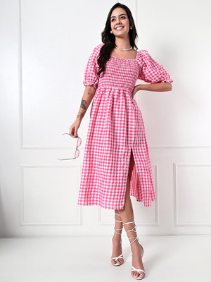 Burgstudio9 Women Fit and Flare Pink Below Knee Dress