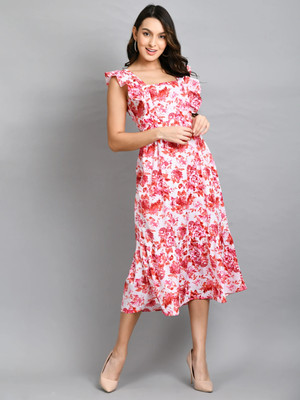 ADRIANA Women Fit and Flare White Midi/Calf Length Dress