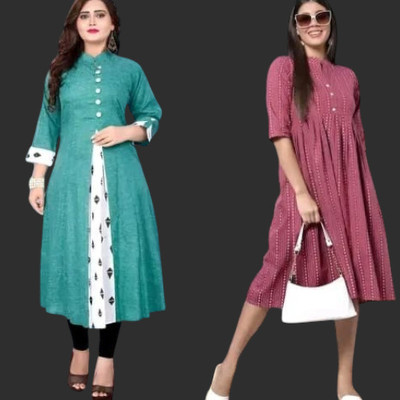 Texpamz Women Striped A-line Kurta(Green, Maroon)