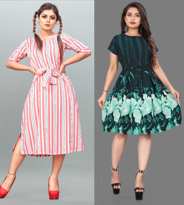 tanvi creation Women Fit and Flare Green Below Knee Dress