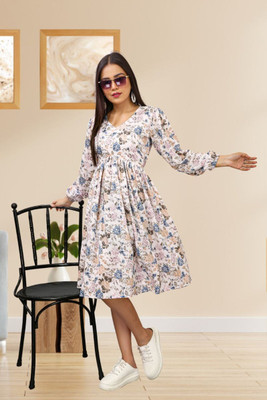 KASTURI Women Fit and Flare White Below Knee Dress