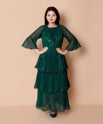 AKSHA CREATION Women Layered Dark Green Maxi/Full Length Dress