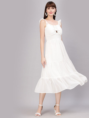 AAYU Women Ruffled White Midi/Calf Length Dress