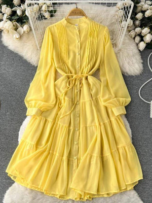 S P STOUR Women Fit and Flare Yellow Midi/Calf Length Dress