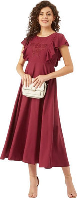 Ladiikway Women A-line Maroon Maxi/Full Length Dress
