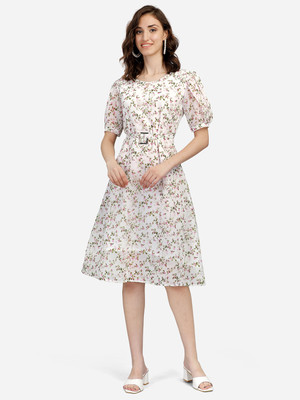 Siamese Women Fit and Flare White Below Knee Dress