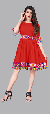 VISVA DESIGNER Women Fit and Flare Red Knee Length Dress