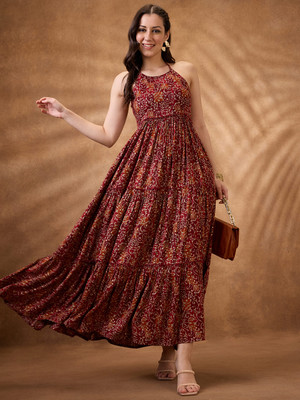 Globus Women Fit and Flare Maroon Maxi/Full Length Dress