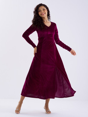 AASK Women Fit and Flare Maroon Ankle Length Dress