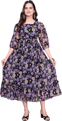 JYOTESTORE Women Fit and Flare Purple Midi/Calf Length Dress