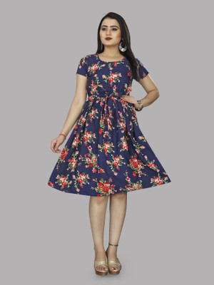 HouseOfCommon Women A-line Dark Blue Knee Length Dress