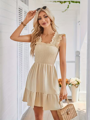 EMERYLA Women Fit and Flare Beige Knee Length Dress