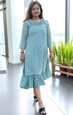 Bhanderi Creation Women A-line Light Green Midi/Calf Length Dress