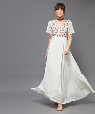 Miss Chase Women Fit and Flare White Maxi/Full Length Dress