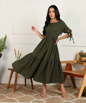 FashFun Women Tiered Green Maxi/Full Length Dress