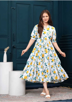 Khejal Women Fit and Flare White Midi/Calf Length Dress