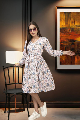 GIVAFAISHONS Women Fit and Flare White Knee Length Dress