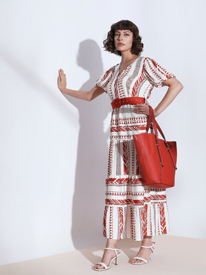 VERO MODA Women Fit and Flare White, Red Maxi/Full Length Dress