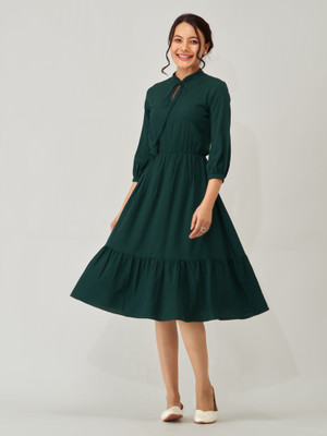 AASK Women Fit and Flare Dark Green Midi/Calf Length Dress